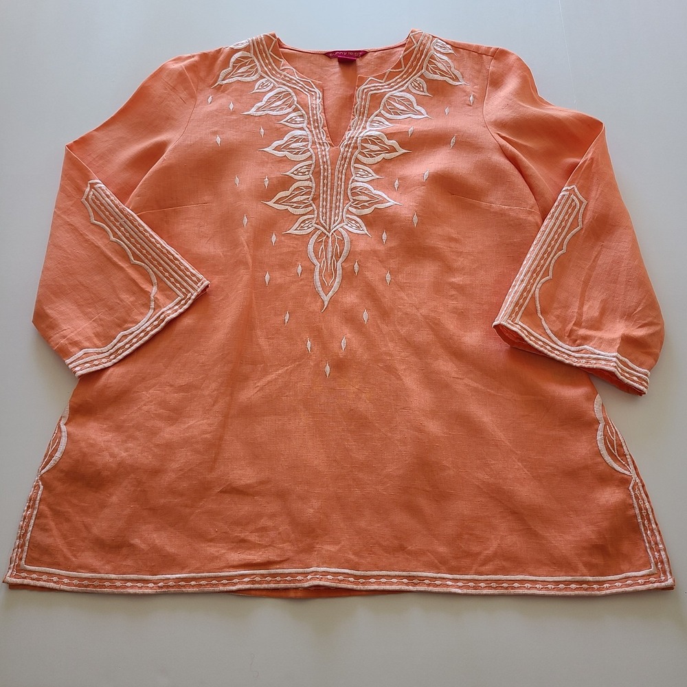 Sunny Leigh‎ Boho Embroidered Tunic Top Peach Kurta Style Resortwear Sz Medium